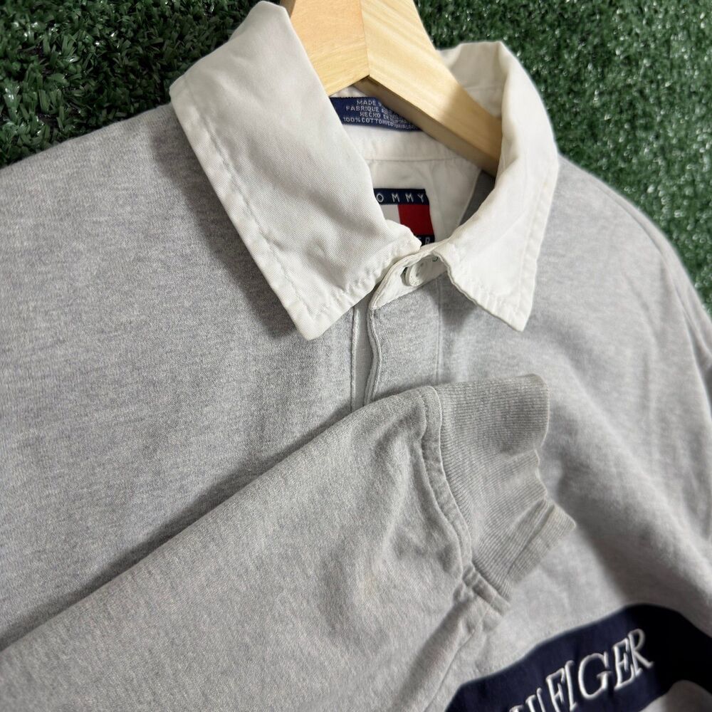 Vintage Tommy Hilfiger Mens Rugby Shirt Long Sleeve Size M Gray Spellout Logo